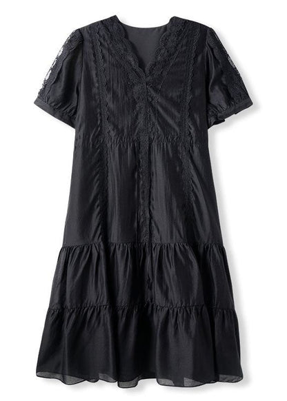 Black V Neck Lace Patchwork Chiffon Dresses Summer