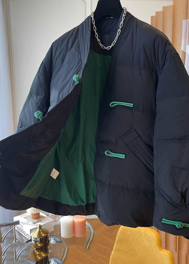 Black V Neck Oversized Oriental Button Fine Cotton Filled Jackets Winter