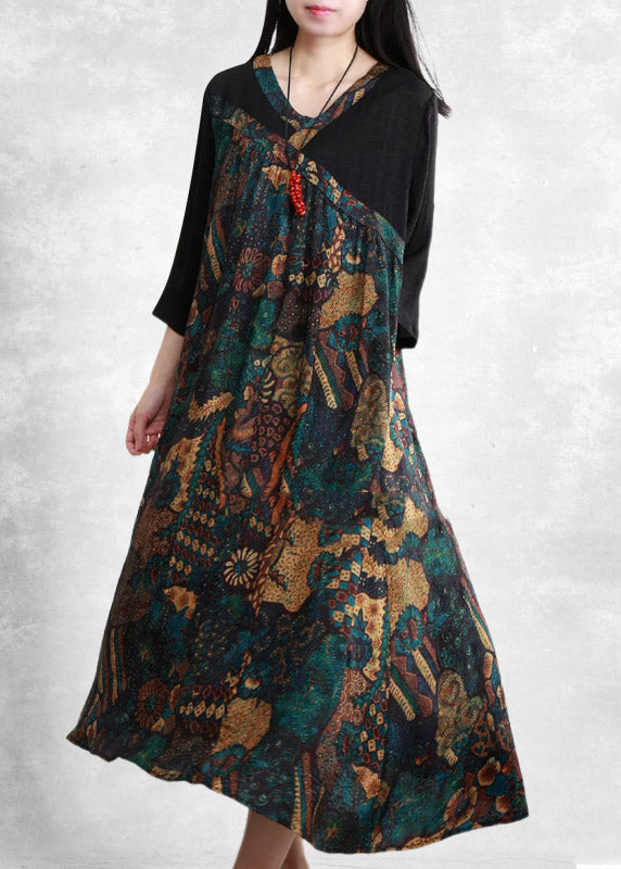 Black V Neck Patchwork Asymmetrical Print Silk Dress Three Quarter Sleeve