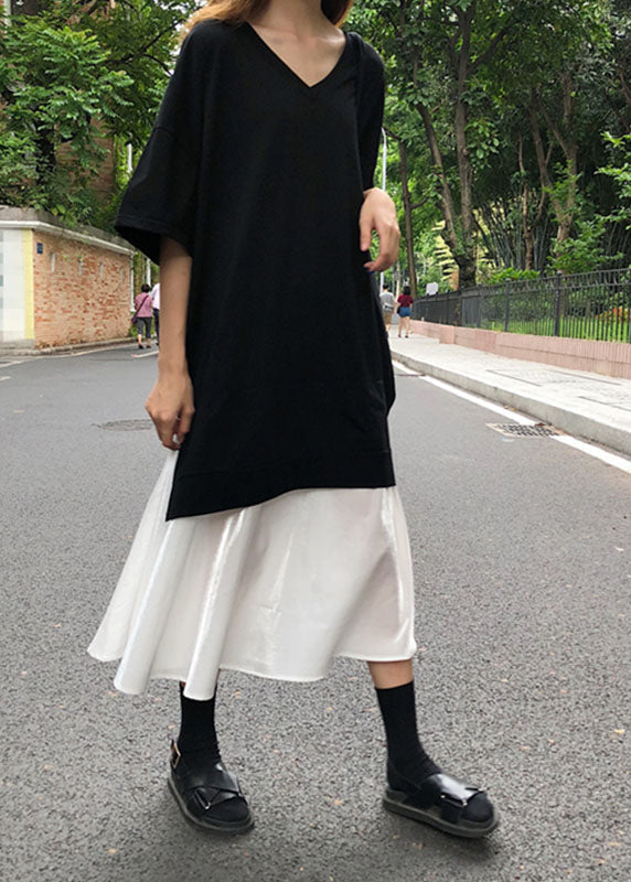 Black V Neck Patchwork Cotton Dress Short Sleeve