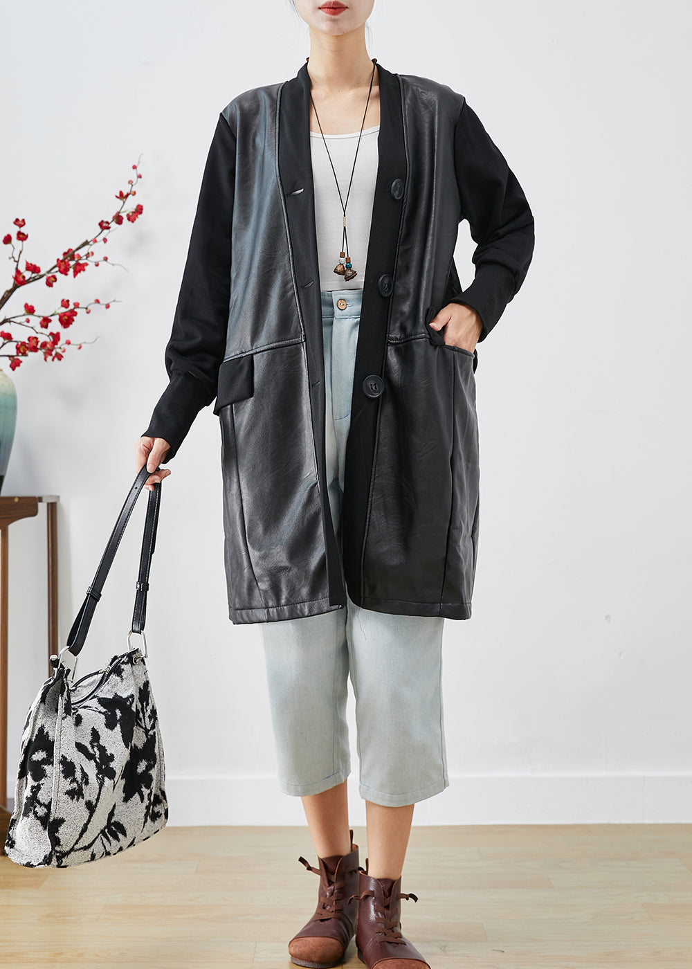 Black V Neck Patchwork Faux Leather Coat Fall