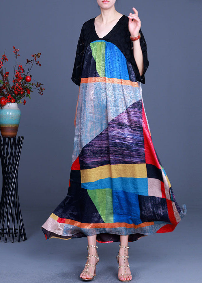 Black V Neck Patchwork Long Dress Half Sleeve
