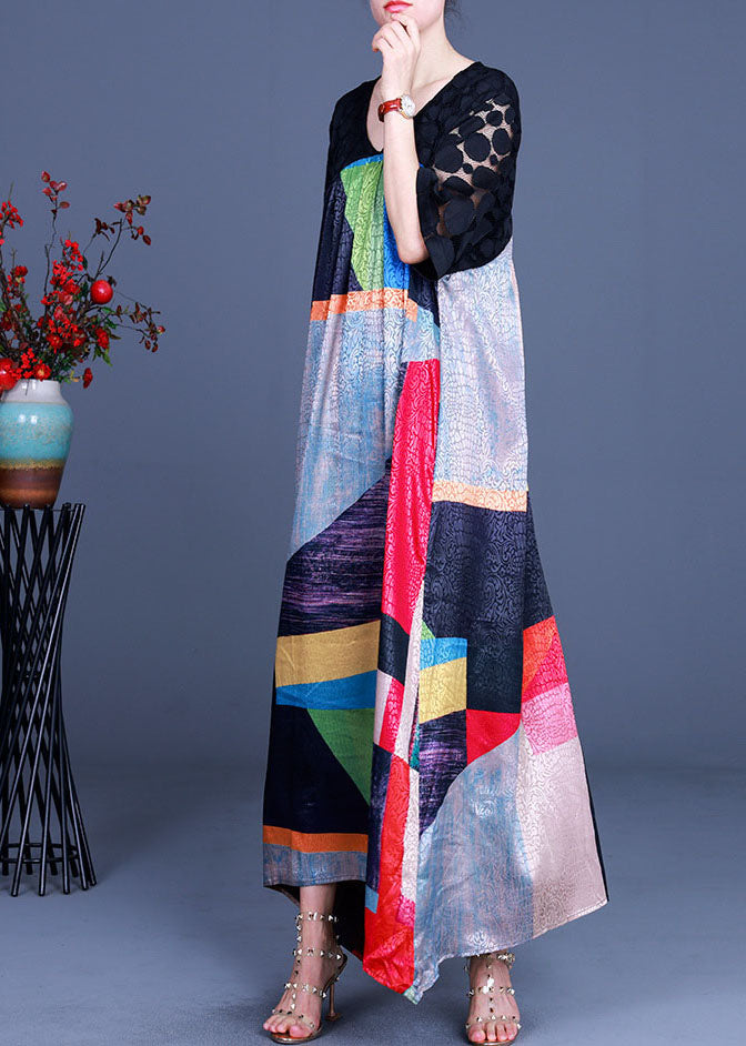 Black V Neck Patchwork Long Dress Half Sleeve