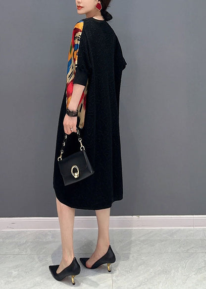Black V Neck Patchwork Print Button Dress Spring