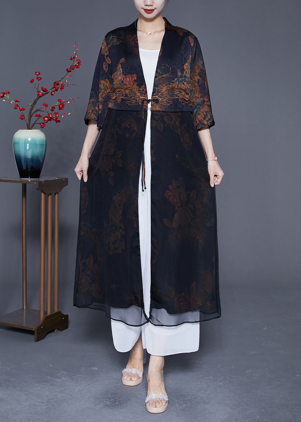 Black V Neck Patchwork Silk Cardigan Summer