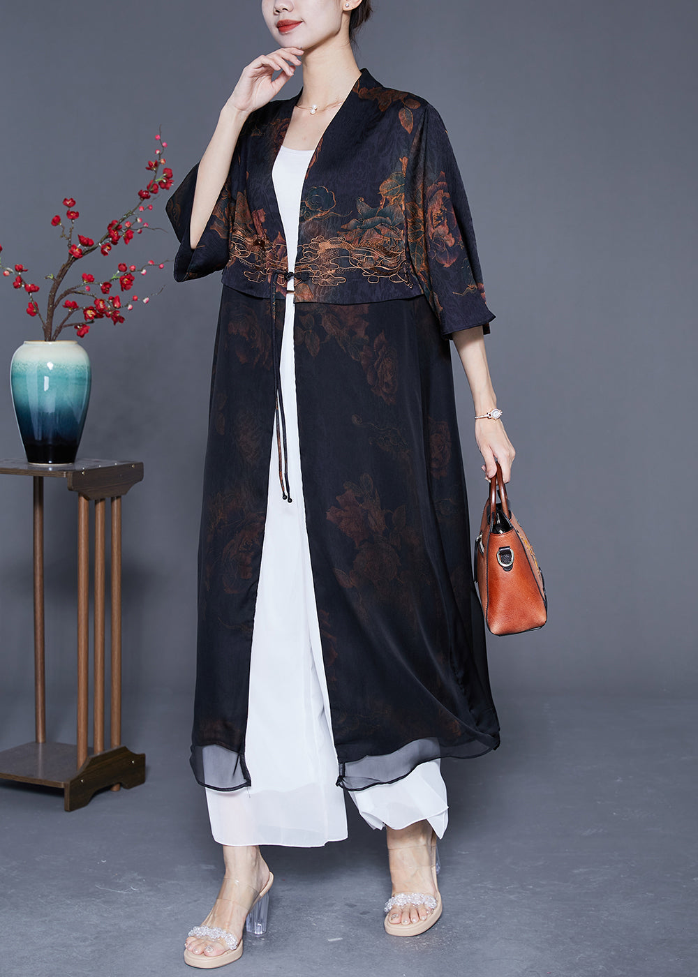 Black V Neck Patchwork Silk Cardigan Summer