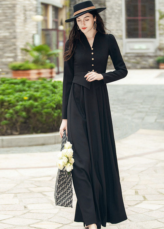 Black V Neck Patchwork Slim Fit Spandex Long Dresses Fall