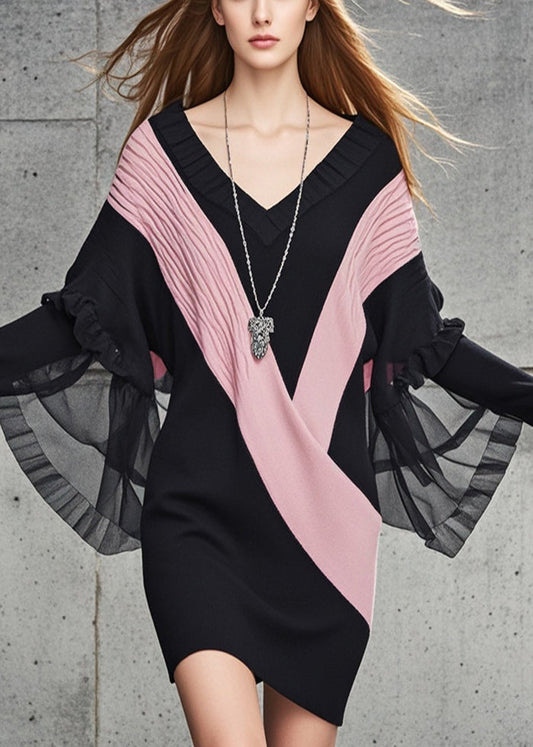 Black V Neck Patchwork Tulle Knit Sweater Dress Fall