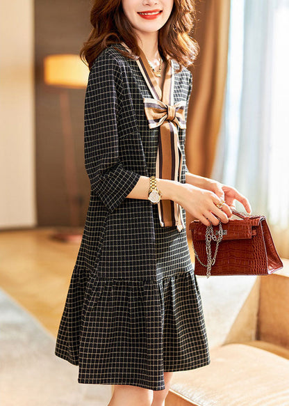 Black V Neck Plaid Bow Dresses Spring