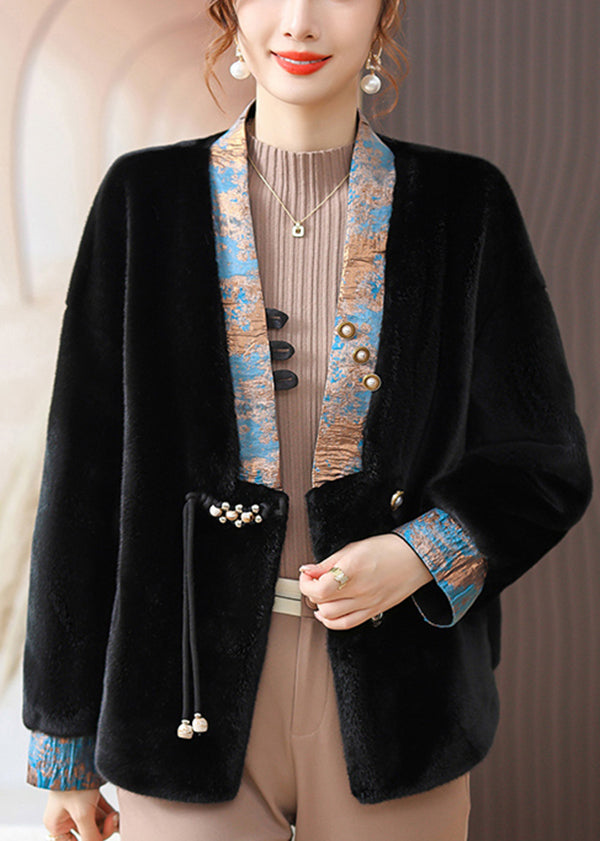 Black V Neck Pockets Patchwork Mink Hair Coats Fall