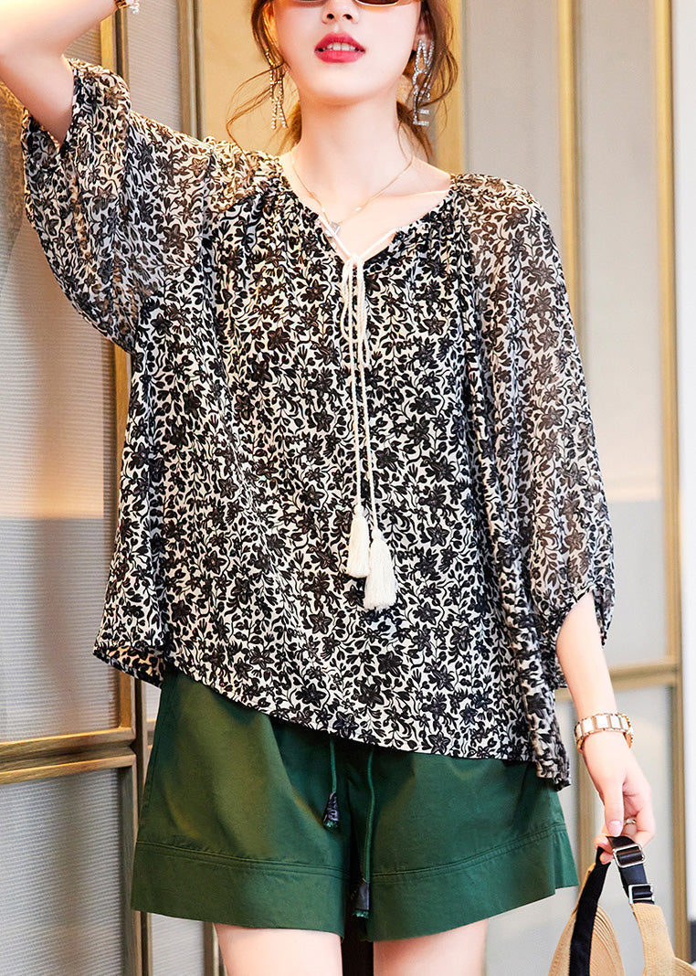 Black V Neck Print Chiffon Shirts Summer