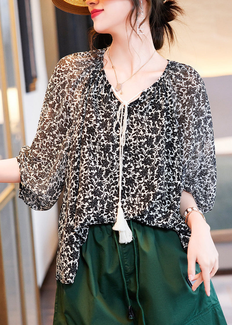 Black V Neck Print Chiffon Shirts Summer