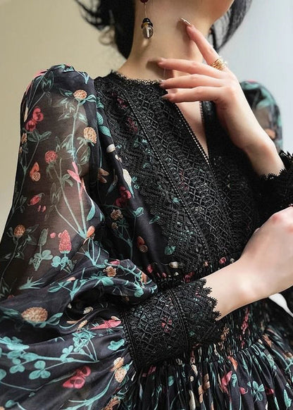 Black V Neck Print Lace Patchwork Chiffon Short Dress Long Sleeve