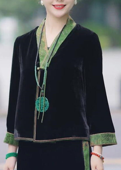 Black V Neck Print Patchwork Tassel Silk Velour Coat Long Sleeve