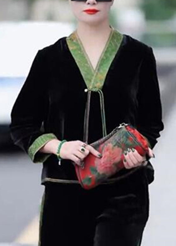 Black V Neck Print Patchwork Tassel Silk Velour Coat Long Sleeve
