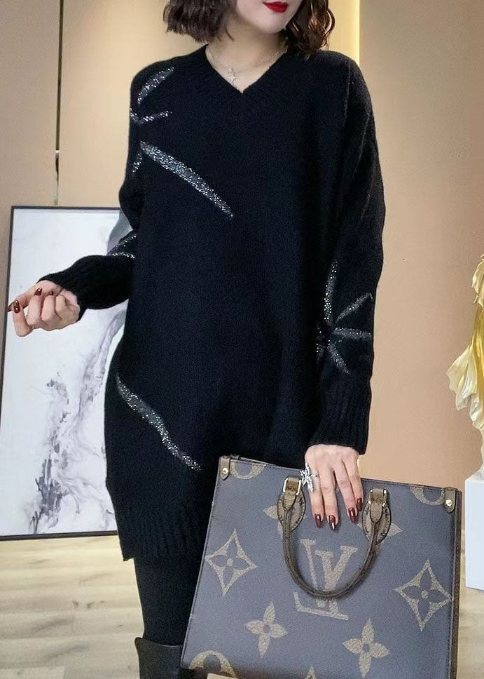 Black V Neck Sequins Oversized Long Knit Dress Winter