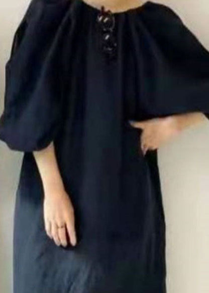 Black V Neck Side Open Cotton Dresses Puff Sleeve
