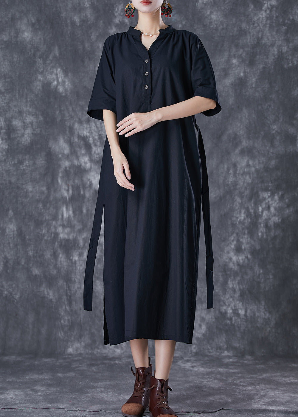 Black V Neck Tie Waist Cotton Holiday Dress Summer