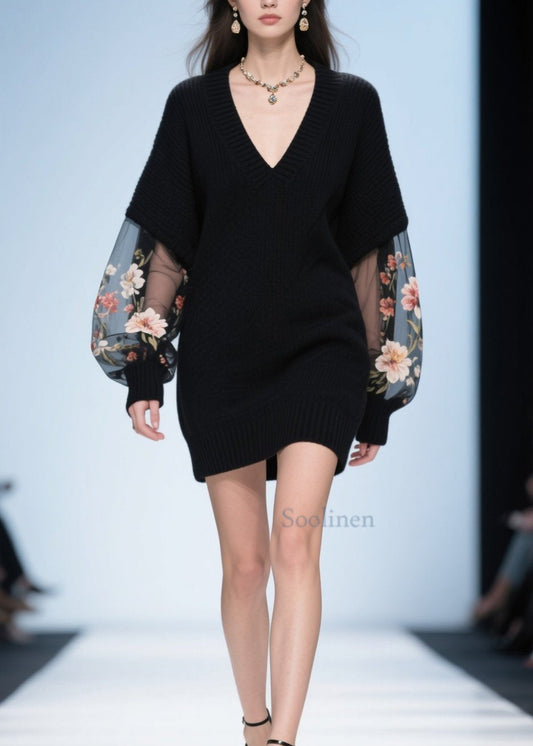 Black V Neck Tulle Patchwork Knit Sweater Fall