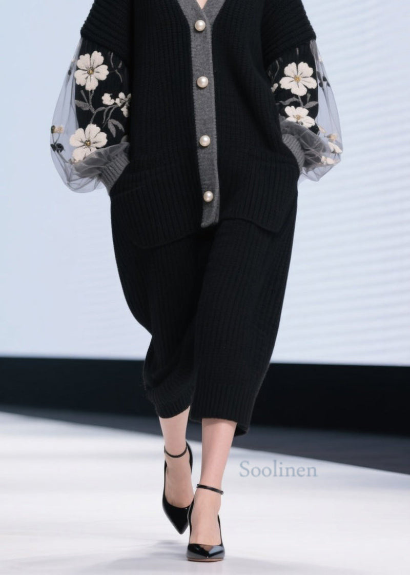 Black V Neck Tulle Patchwork Knit Cardigans Fall