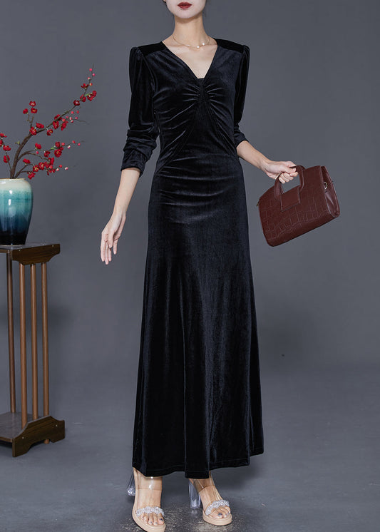 Black V Neck Wrinkled Silk Velour Holiday Dress Fall