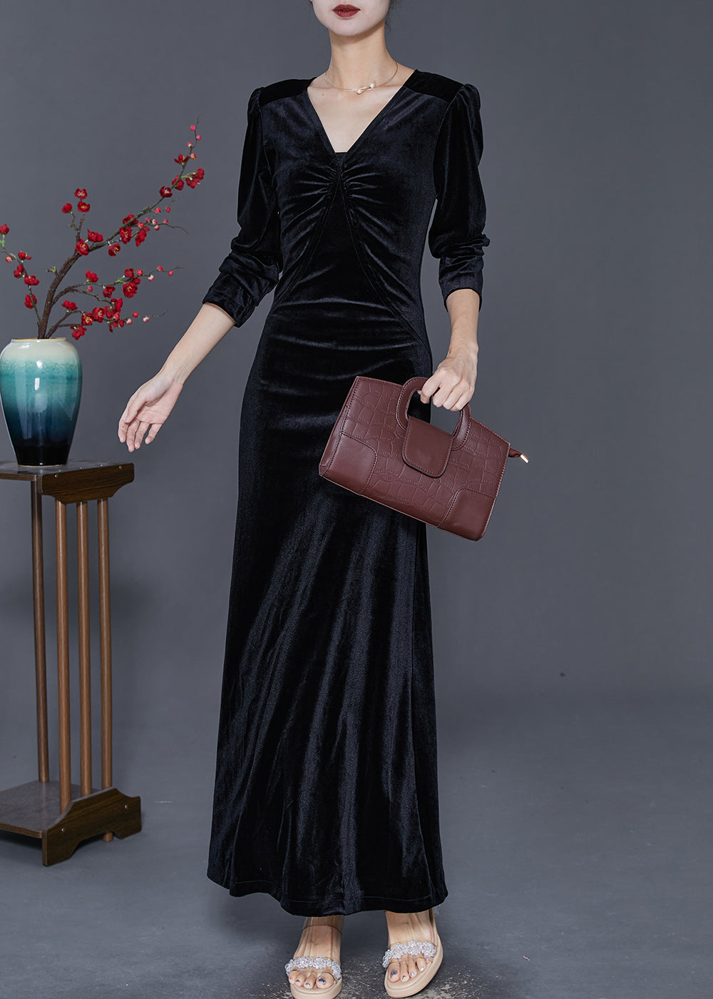 Black V Neck Wrinkled Silk Velour Holiday Dress Fall