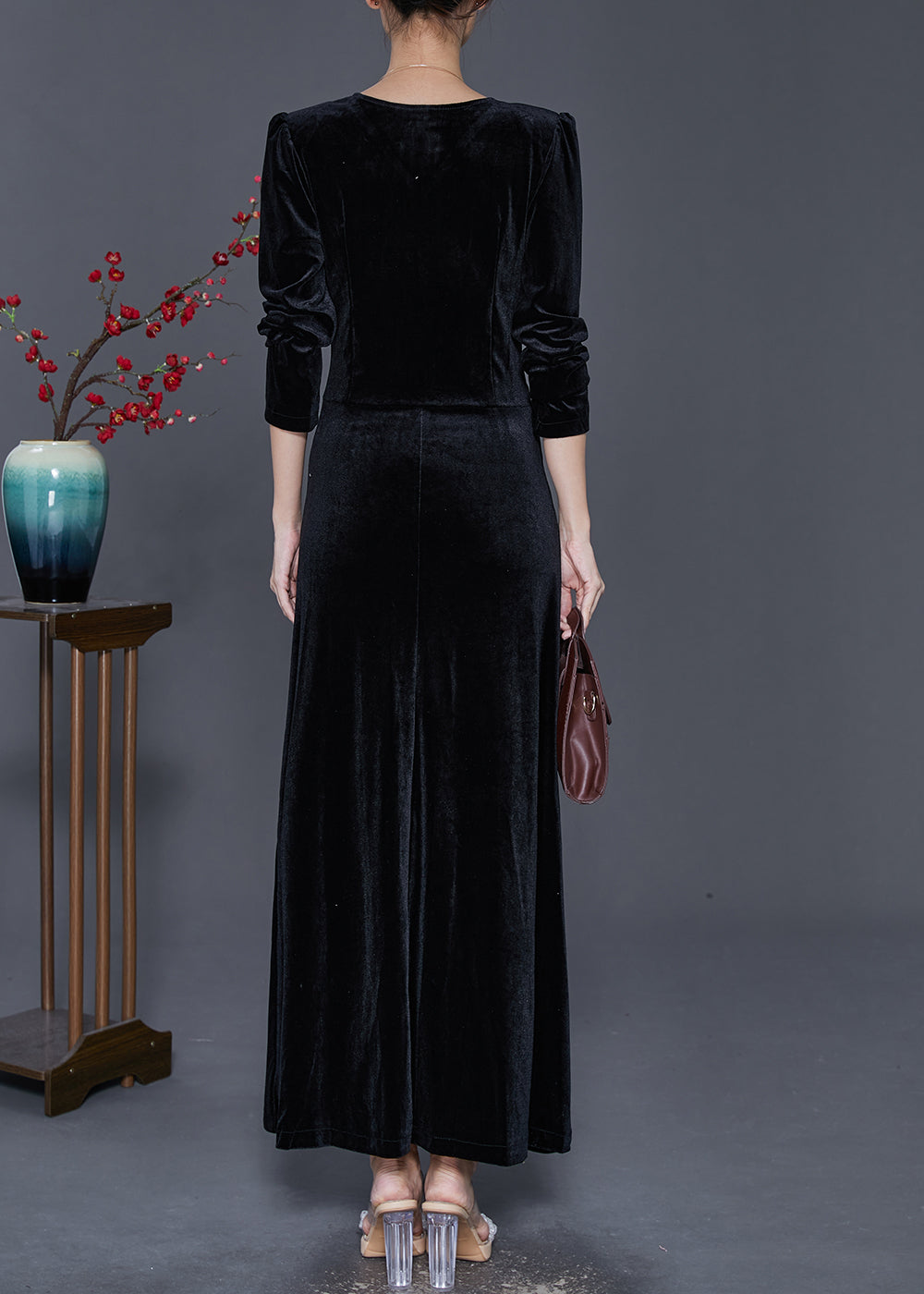 Black V Neck Wrinkled Silk Velour Holiday Dress Fall