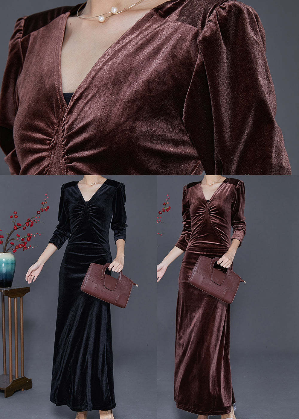 Black V Neck Wrinkled Silk Velour Holiday Dress Fall