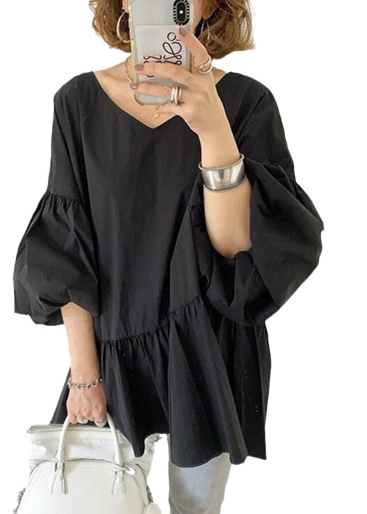 Black V Neck Wrinkled Shirts Lantern Sleeve