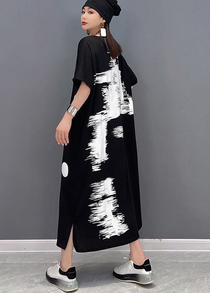 Black White Patchwork Dot Print Cotton Sweatshirt Long Dress Short Sleeve