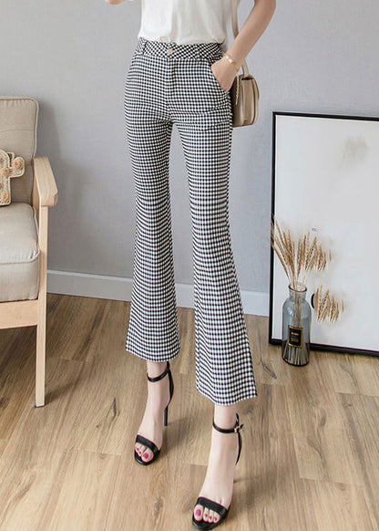 Black White Plaid High Waist Side Open Button Crop Pants Spring