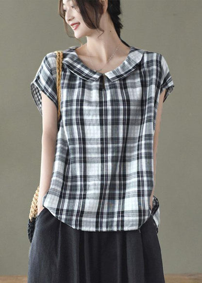 Black White Plaid Peter Pan Collar Cotton Shirts Summer