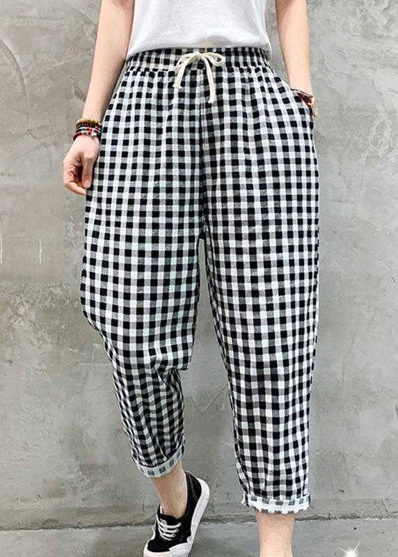 Black White Plaid Tie Waist Crop Beam Pants