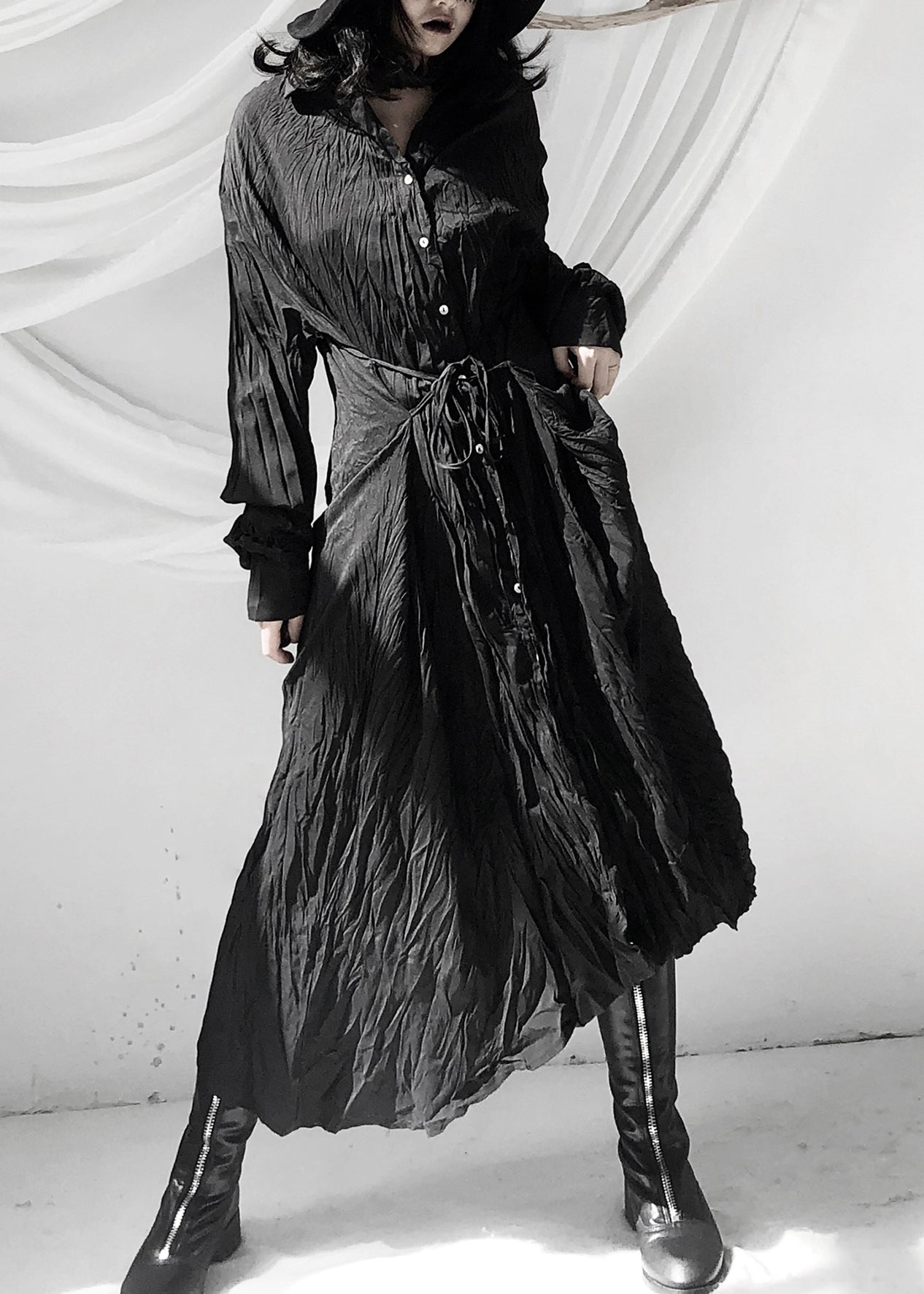 Black Wrinkled Button Tie Waist Maxi Shirts Dresses Fall