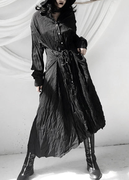 Black Wrinkled Button Tie Waist Maxi Shirts Dresses Fall