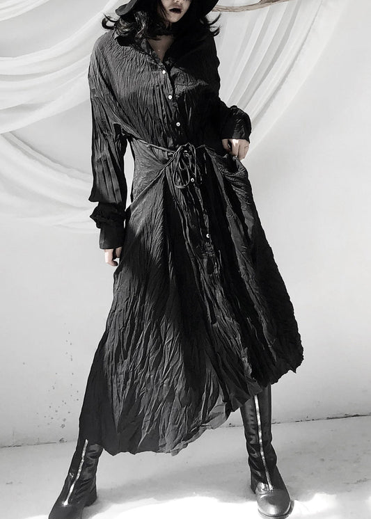 Black Wrinkled Button Tie Waist Maxi Shirts Dresses Fall