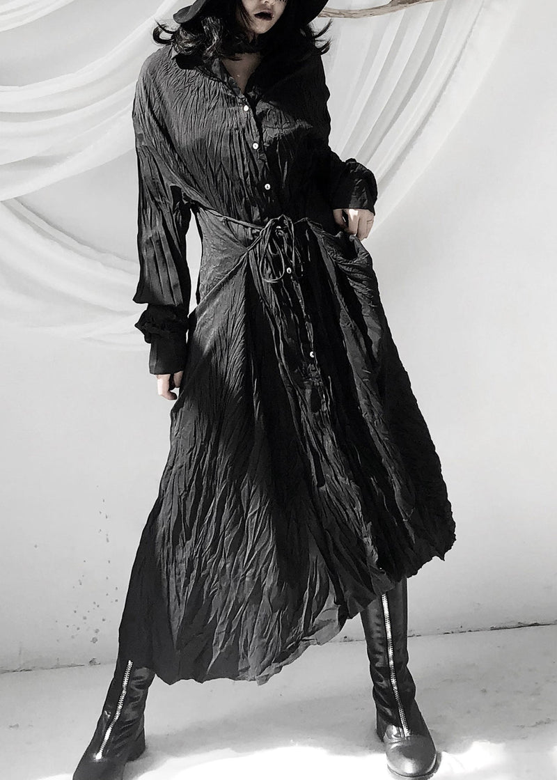 Black Wrinkled Button Tie Waist Maxi Shirts Dresses Fall