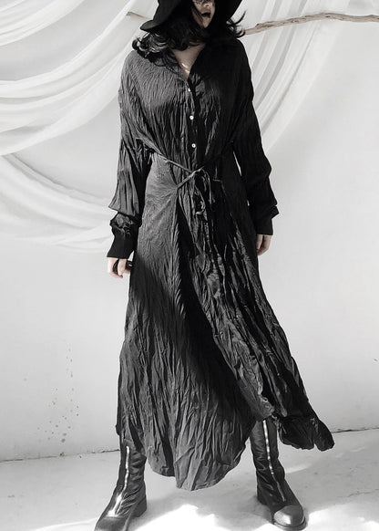 Black Wrinkled Button Tie Waist Maxi Shirts Dresses Fall