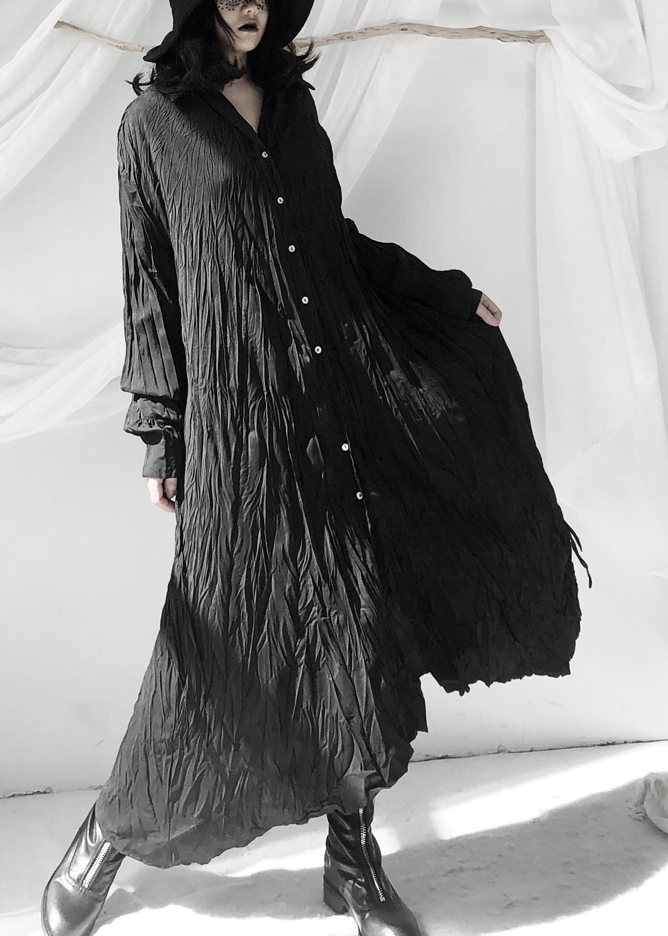 Black Wrinkled Button Tie Waist Maxi Shirts Dresses Fall