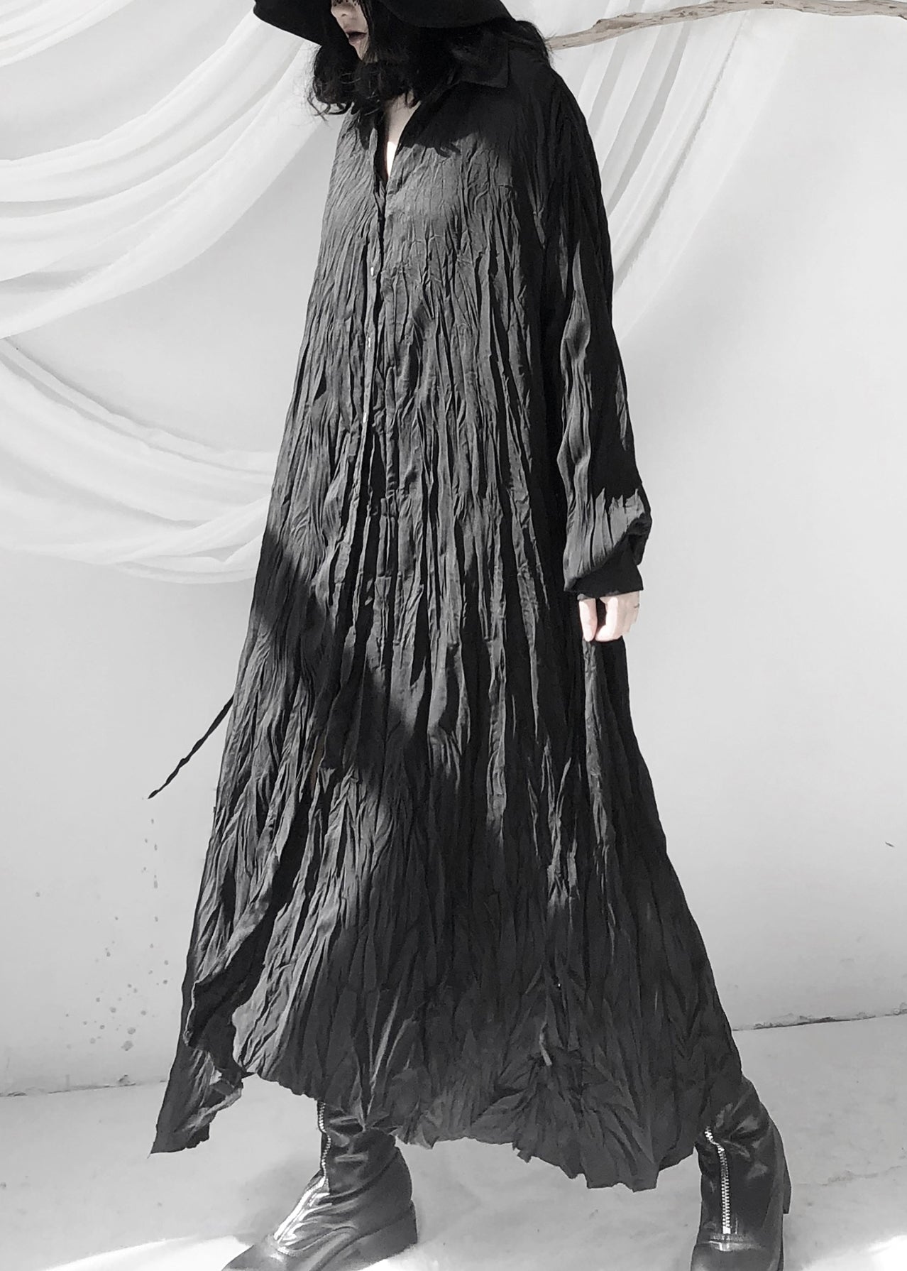 Black Wrinkled Button Tie Waist Maxi Shirts Dresses Fall