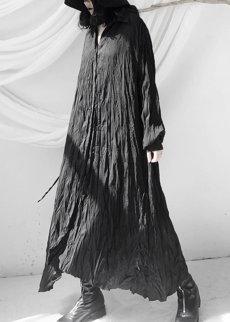 Black Wrinkled Button Tie Waist Maxi Shirts Dresses Fall