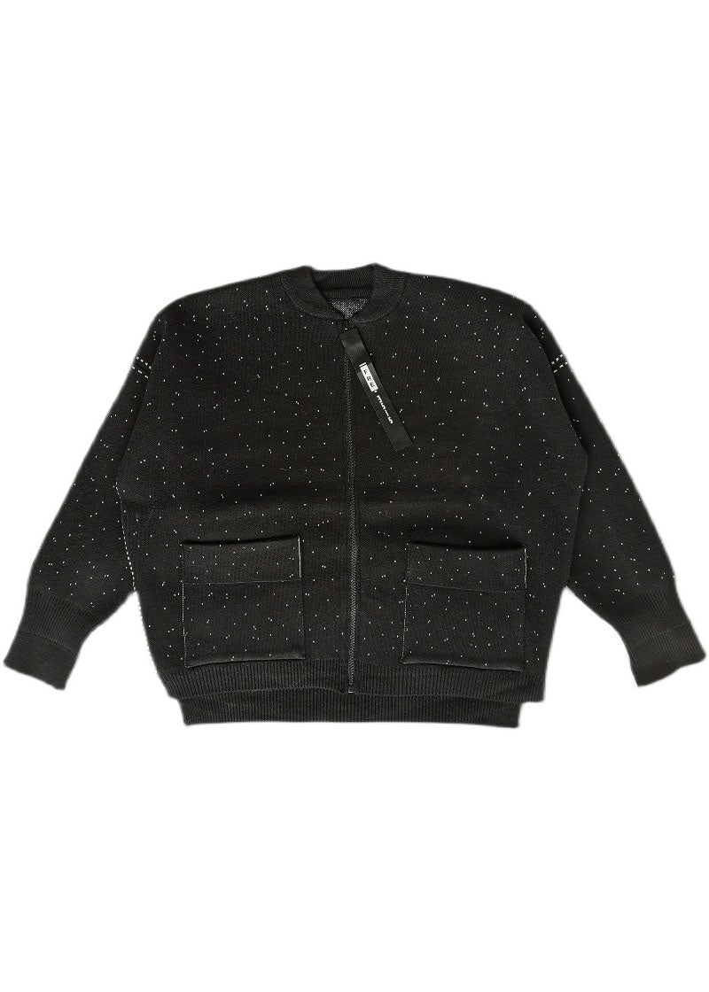 Black Zip Up Dot Woolen Knit Coat Winter