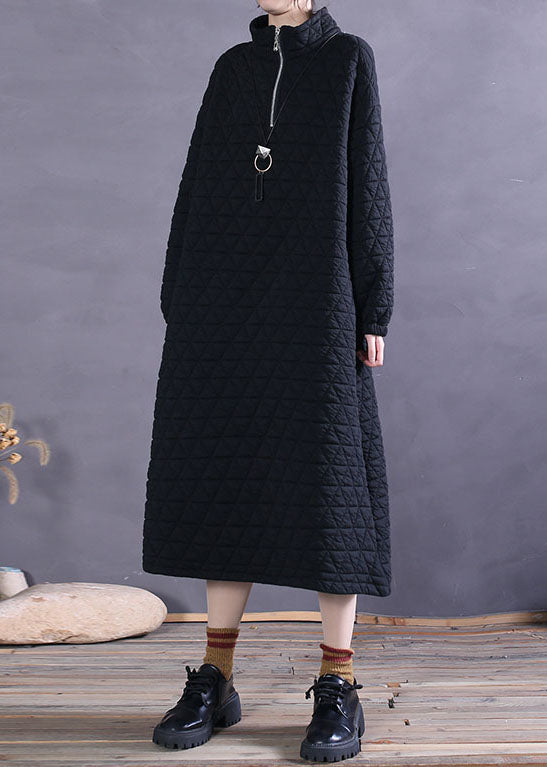 Black Zip Up Pockets Cotton Maxi Dress Winter