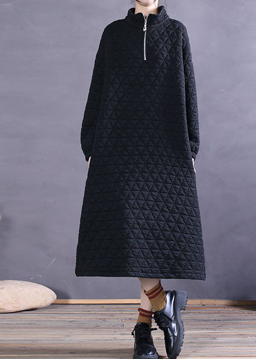 Black Zip Up Pockets Cotton Maxi Dress Winter