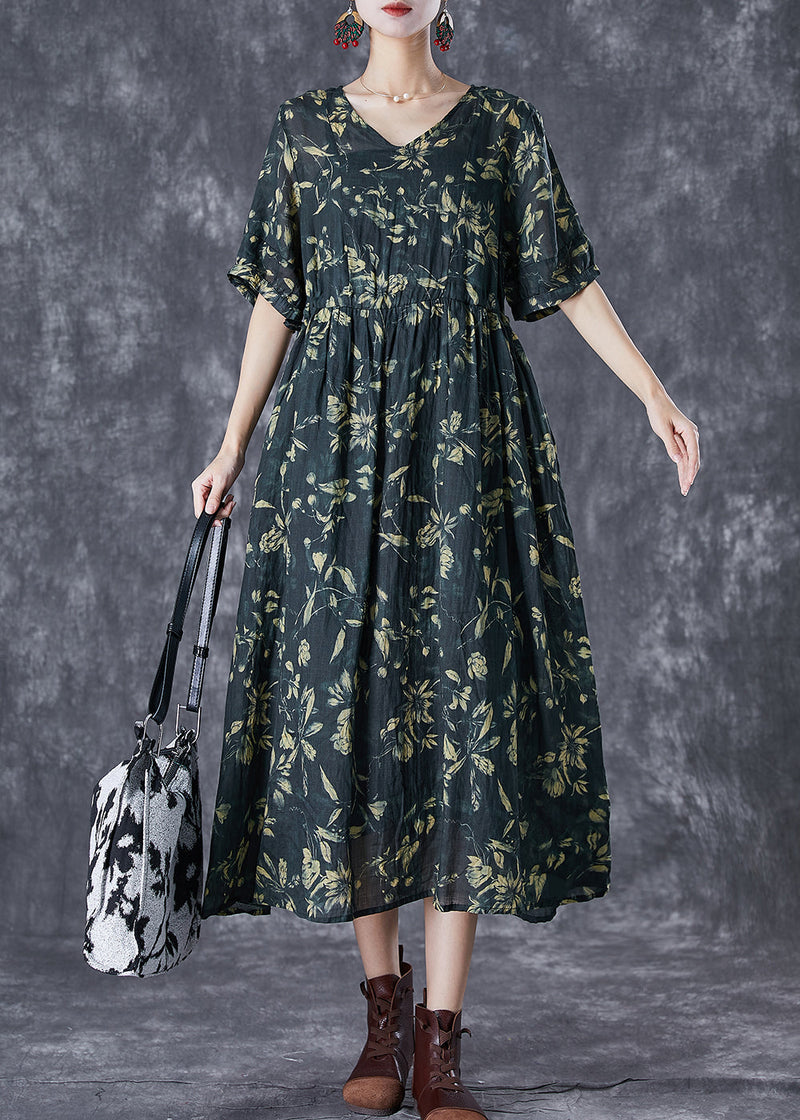 Blackish Green Cinched Print Linen Maxi Dress Summer