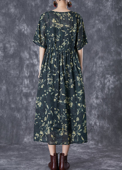 Blackish Green Cinched Print Linen Maxi Dress Summer
