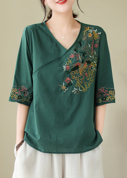 Blackish Green Embroidered Side Open Cotton Blouses Summer