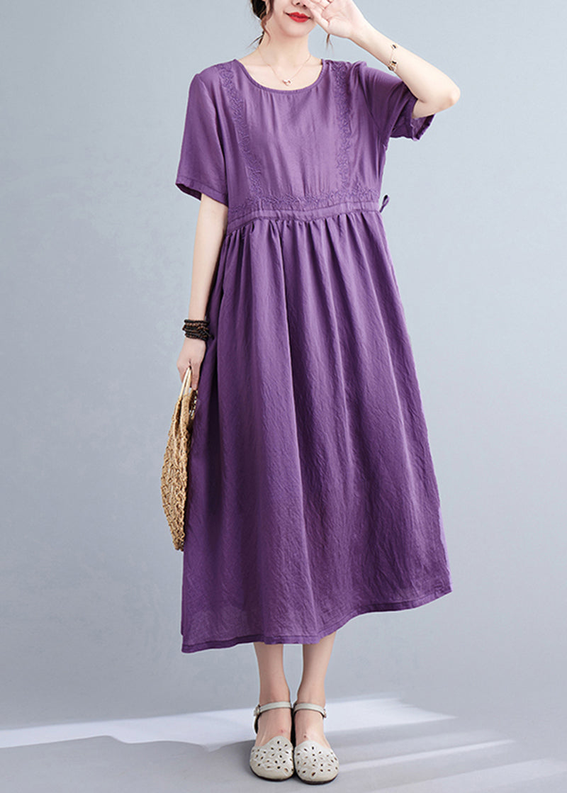 Blackish Green Embroideried Cinched Linen Silk Dress Summer