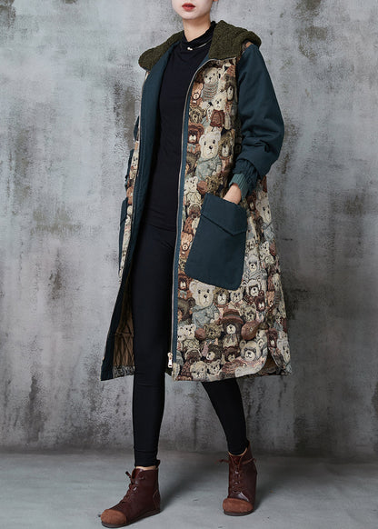 Blackish Green Hooded Cartoon Print Fine Cotton Filled Parka Winter