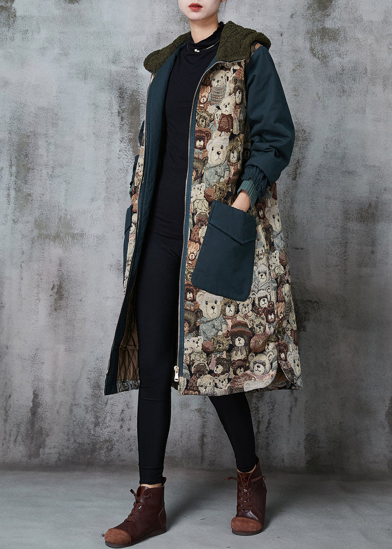 Blackish Green Hooded Cartoon Print Fine Cotton Filled Parka Winter